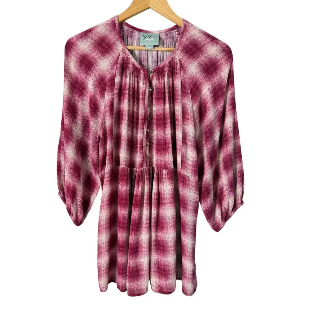 Anthropologie Maeve Pink Plaid Oversized Tunic Blouse Puff Sleeves, Size‎ Small